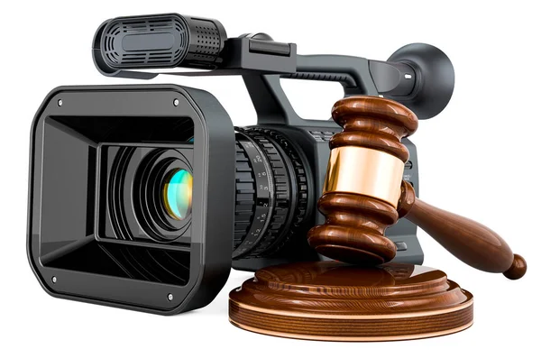 Professional video camera, television camera with wooden gavel, 3D rendering isolated on white background
