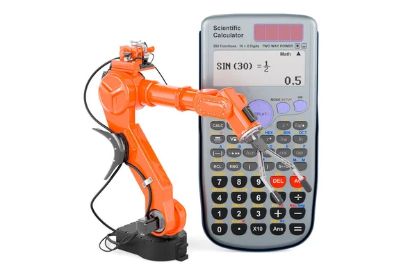 Robotic Arm Med Vetenskaplig Kalkylator Rendering Isolerad Vit Bakgrund — Stockfoto