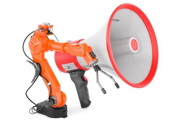 Robot kollu megafon, beyaz arkaplanda 3 boyutlu görüntüleme