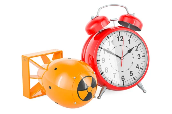 目覚まし時計付きの原子爆弾 白い背景に隔離された3Dレンダリング — ストック写真