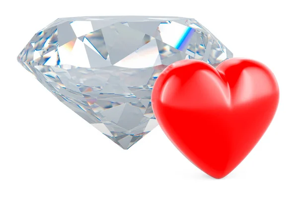 Diamant Mit Rotem Herz Darstellung Isoliert Auf Weißem Hintergrund — Stockfoto