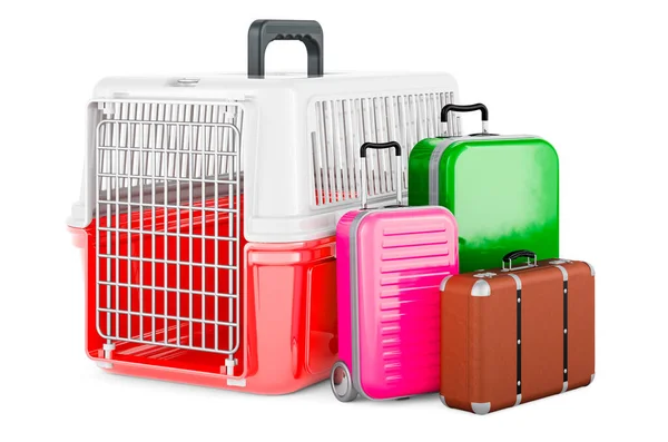 スーツケース付きのペット旅行プラスチックケージ 白い背景に隔離された3Dレンダリング — ストック写真