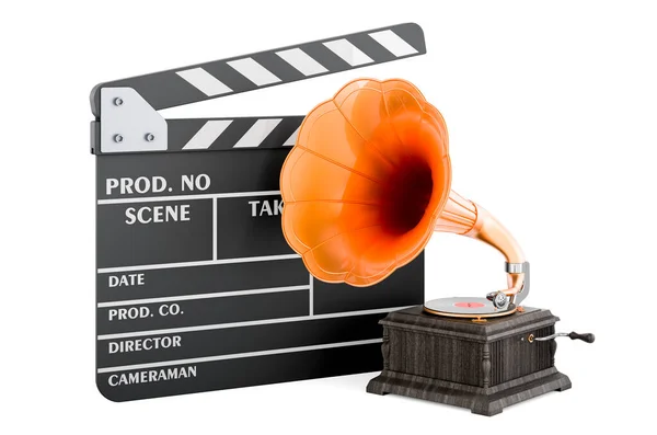 Retro Movie Concept Clapperboard Vintage Gramophone Rendering Isolated White Background — Stock Photo, Image