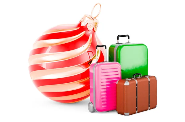 クリスマスボール付きのスーツケース クリスマス休暇の概念 白い背景に隔離された3Dレンダリング — ストック写真