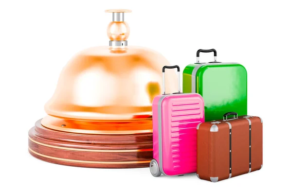 受付ベル付きのスーツケース 予約サービスと旅行のコンセプト 白い背景に隔離された3Dレンダリング — ストック写真