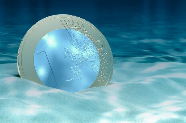Евро Монета Дне Океана Водой Рендерин — стоковое фото