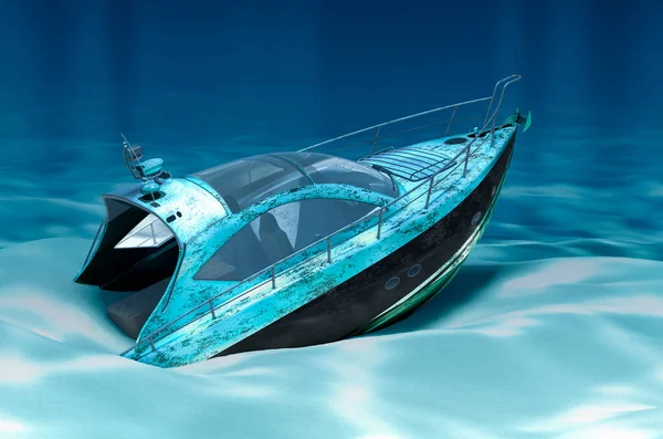 Motorboot Auf Dem Meeresgrund Unter Wasser Rendering — Stockfoto