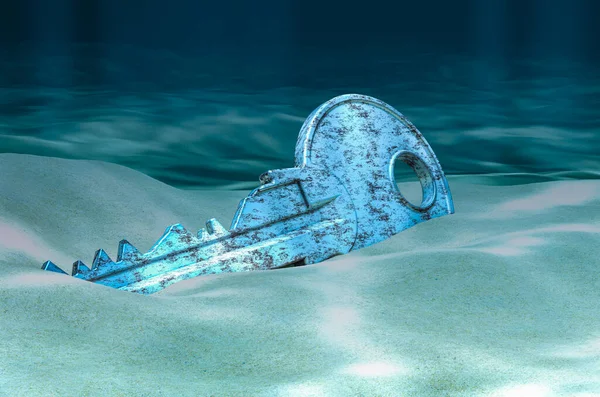 Schlüssel Auf Dem Meeresboden Unter Wasser Rendering — Stockfoto