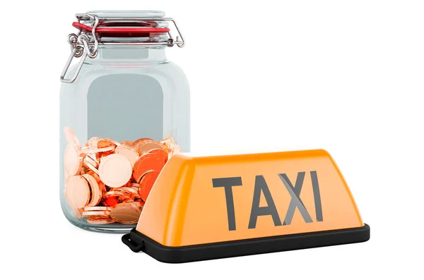 Вивіска Таксі Скляною Банкою Наповненою Золотими Монетами Рендеринг — стокове фото