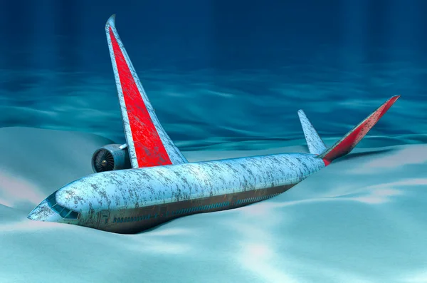 Versenktes Flugzeug Flugzeug Auf Dem Meeresgrund Unter Wasser Renderer — Stockfoto