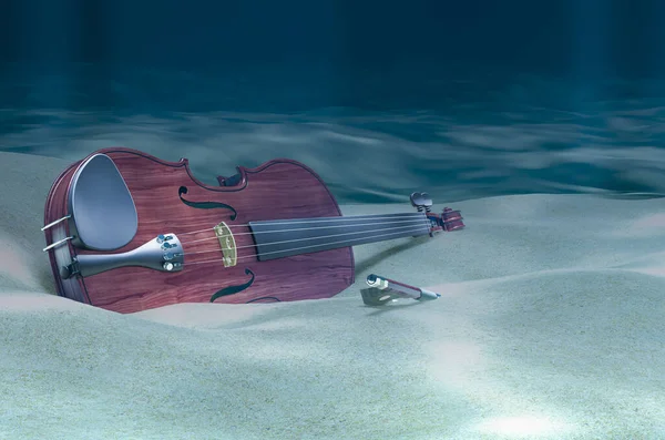 Violin and bow on ocean bottom underwater, 3D rendering