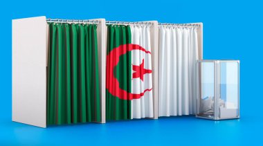 Cezayir bayrağı ve oy sandığı olan oy sandıkları. Cezayir 'de seçim, konsept. Mavi arkaplanda 3B görüntüleme izole edildi