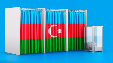 Azerbaycan bayrağı ve oy sandığı olan oy sandıkları. Azerbaycan 'da seçim, konsept. Mavi arkaplanda 3B görüntüleme izole edildi