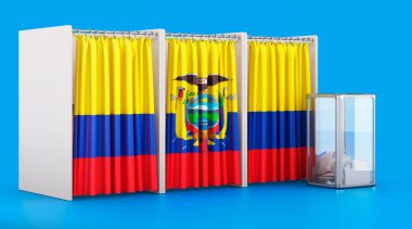 Ekvador bayrağı ve oy sandığı olan oy sandıkları. Ekvador 'da seçim, konsept. Mavi arkaplanda 3B görüntüleme izole edildi