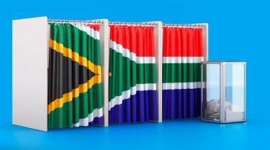 Güney Afrika bayrağı ve oy sandığı olan oy sandıkları. Güney Afrika 'da seçim, konsept. Mavi arkaplanda 3B görüntüleme izole edildi