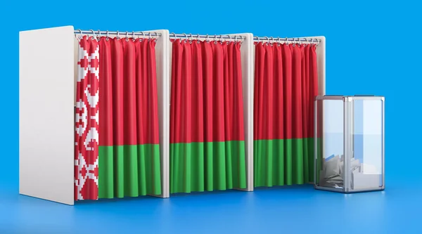Szavazófülkék Fehérorosz Zászlóval Urnával Választás Fehéroroszországban Koncepció Renderelés Elszigetelt Kék — Stock Fotó