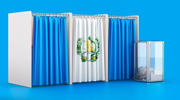有危地马拉国旗和投票箱的投票亭 危地马拉的选举 在蓝色背景上孤立的3D渲染 — 图库照片