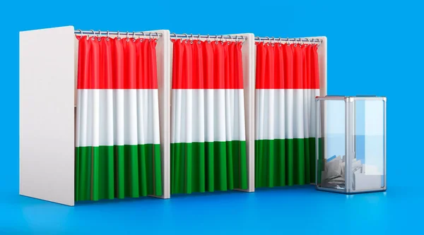 Szavazófülkék Magyar Zászlóval Urnával Választás Magyarországon Koncepció Renderelés Elszigetelt Kék — Stock Fotó