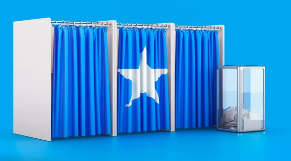 Szavazófülkék Szomáliai Zászlóval Urnával Választás Szomáliában Koncepció Renderelés Elszigetelt Kék — Stock Fotó