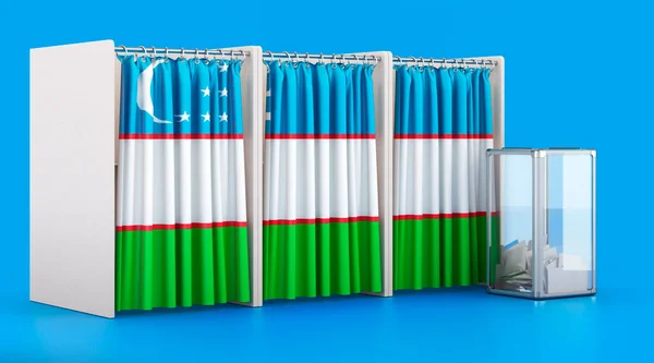 Szavazófülkék Üzbég Zászlóval Urnával Választás Üzbegisztánban Koncepció Renderelés Elszigetelt Kék — Stock Fotó