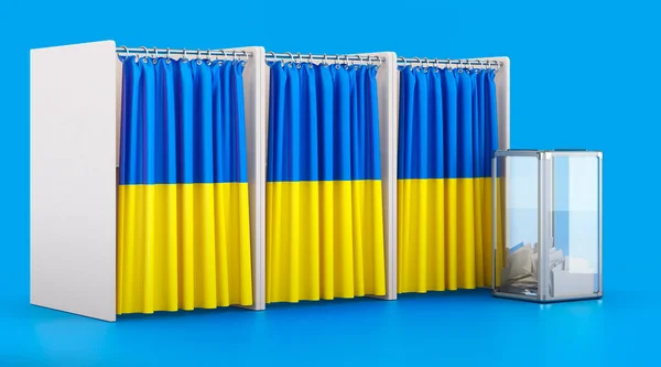 Szavazófülkék Ukrán Zászlóval Urnával Választás Ukrajnában Koncepció Renderelés Elszigetelt Kék — Stock Fotó