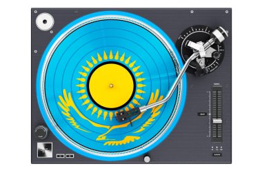 Kazak bayrağıyla fonograf Turntable, beyaz arkaplanda 3D görüntüleme