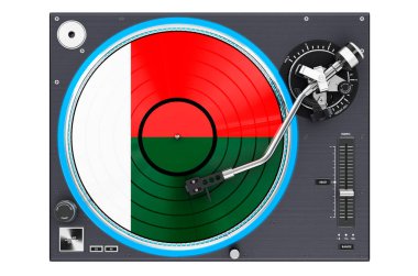 Madagaskar bayrağı taşıyan fonograf Turntable, beyaz arkaplanda 3 boyutlu görüntüleme