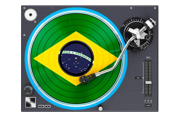 Brezilya Bayraklı Fonograf Turntable Beyaz Arkaplanda Boyutlu Görüntüleme — Stok fotoğraf