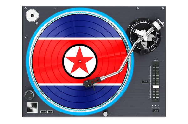 Phonograph Turntable with North Korean flag, 3D rendering isolated on white background