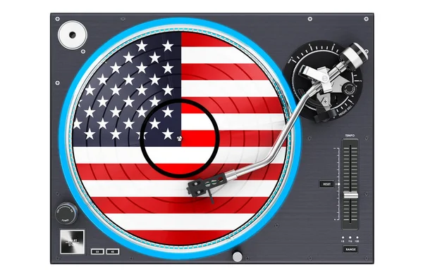 フォトグラフ ターンテーブルとアメリカ国旗 白い背景に隔離された3Dレンダリング — ストック写真