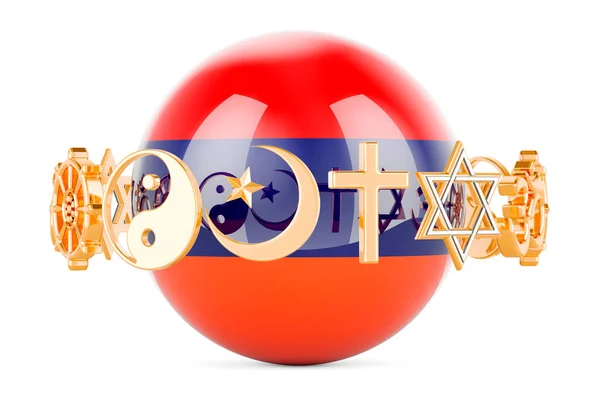 Bandeira Armênia Pintada Esfera Com Símbolos Religiosos Redor Renderização Isolada — Fotografia de Stock