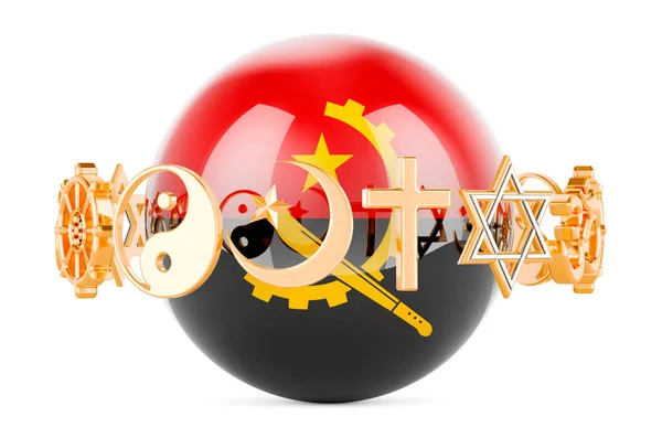 Ангольский Флаг Нарисованный Сфере Символами Религий Вокруг Рендеринг Изолирован Белой — стоковое фото