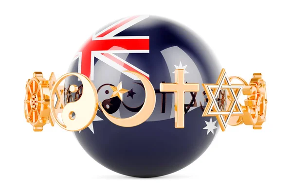 Australian Flag Painted Sphere Religions Symbols Rendering Isolated White Background — Stock Photo, Image