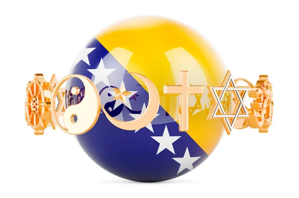 Bandeira Bósnia Norueguesa Pintada Esfera Com Símbolos Religiosos Redor Renderização — Fotografia de Stock