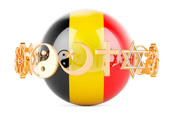 Belgisk Flagga Målad Sfär Med Religioner Symboler Runt Rendering Isolerad — Stockfoto