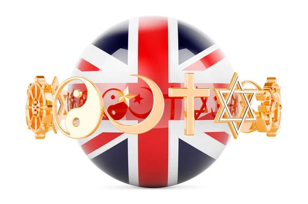 Βρετανική Σημαία Ζωγραφισμένη Σφαίρα Θρησκευτικά Σύμβολα Γύρω Απόδοση Απομονωμένη Λευκό — Φωτογραφία Αρχείου