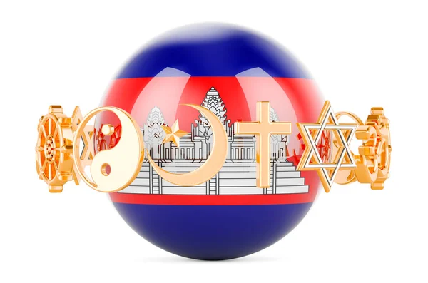 Bandeira Cambojana Pintada Esfera Com Símbolos Religiosos Redor Renderização Isolada — Fotografia de Stock