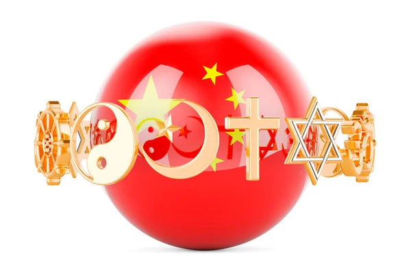 Bandeira Chinesa Pintada Esfera Com Símbolos Religiosos Redor Renderização Isolada — Fotografia de Stock