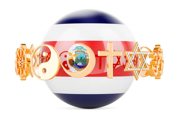 コスタリカの旗は宗教のシンボルで球面に描かれ 3Dレンダリングは白い背景に孤立しています — ストック写真