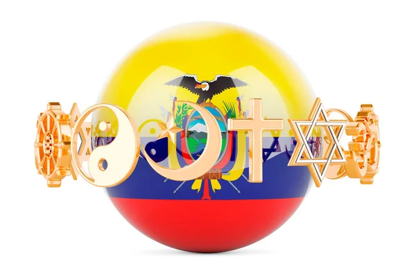 宗教のシンボルが描かれた球体に描かれたエクアドルの旗 白い背景に孤立した3Dレンダリング — ストック写真