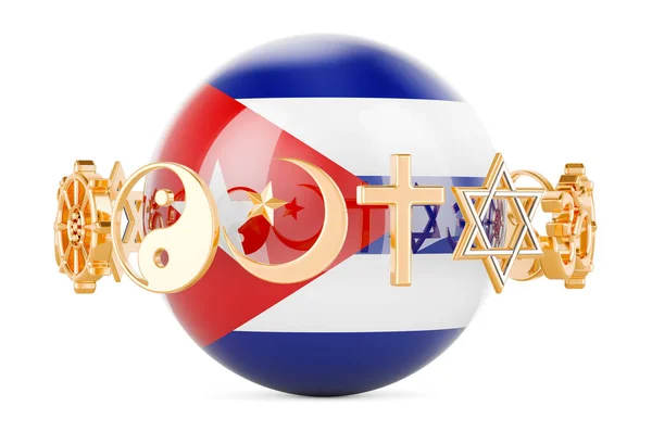 宗教のシンボルが描かれた球体に描かれたキューバ国旗 白い背景に孤立した3Dレンダリング — ストック写真
