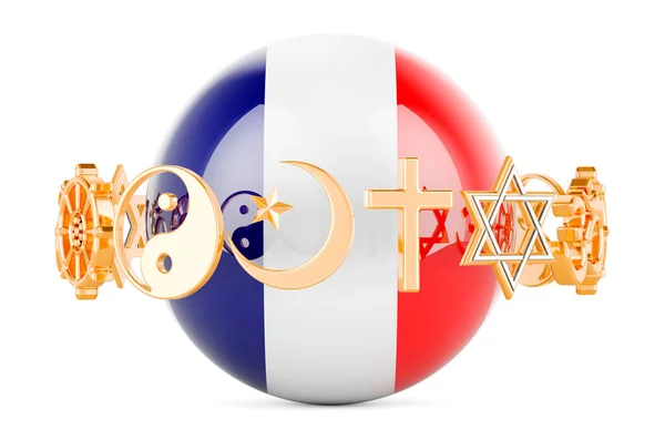 Bandera Francesa Pintada Esfera Con Símbolos Religiosos Alrededor Representación Aislada — Foto de Stock