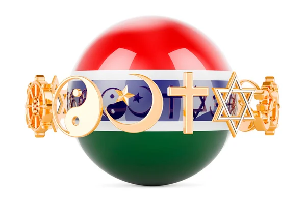 stock image Gambia flag painted on sphere with religions symbols around, 3D rendering isolated on white background