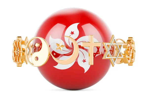 stock image Hong Kong flag painted on sphere with religions symbols around, 3D rendering isolated on white backgroun