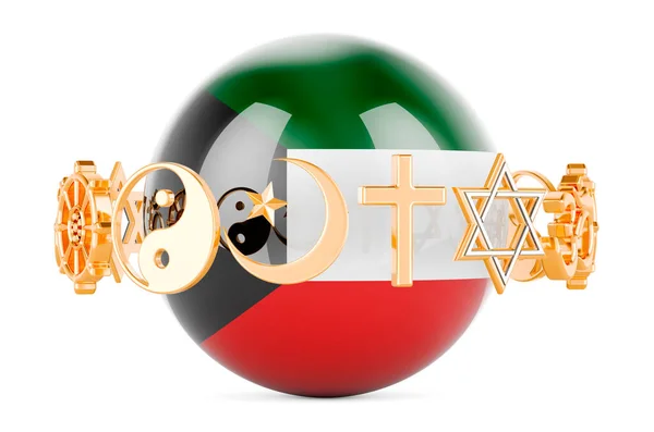 stock image Kuwaiti flag painted on sphere with religions symbols around, 3D rendering isolated on white background