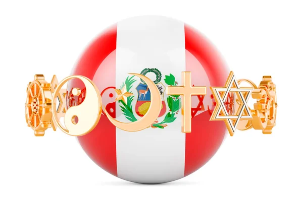 Περουβιανή Σημαία Ζωγραφισμένη Σφαίρα Θρησκευτικά Σύμβολα Γύρω Απόδοση Απομονωμένη Λευκό — Φωτογραφία Αρχείου