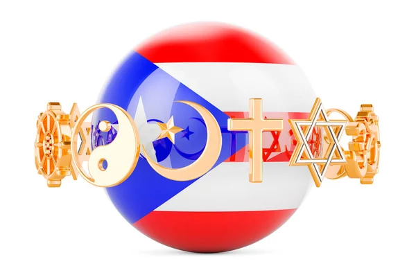 宗教シンボルが描かれた球体に描かれたプエルトリコの旗 白い背景に隔離された3Dレンダリング — ストック写真