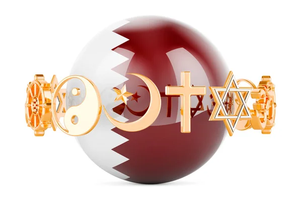 Bandera Qatar Pintada Esfera Con Símbolos Religiosos Alrededor Representación Aislada — Foto de Stock