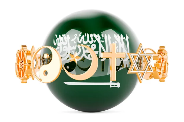 Bandera Arabia Saudita Pintada Esfera Con Símbolos Religiosos Alrededor Representación — Foto de Stock