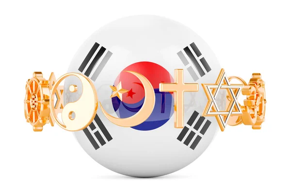 Прапор Південної Кореї Намальований Сфері Релігійними Символами Навколо Рендеринг Ізольований — стокове фото